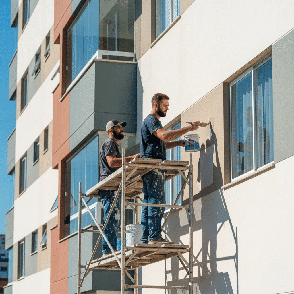 Dois pintores profissionais em um andaime trabalhando na pintura da fachada de um prédio em Florianópolis em um dia de sol, representando a melhor época para o serviço.