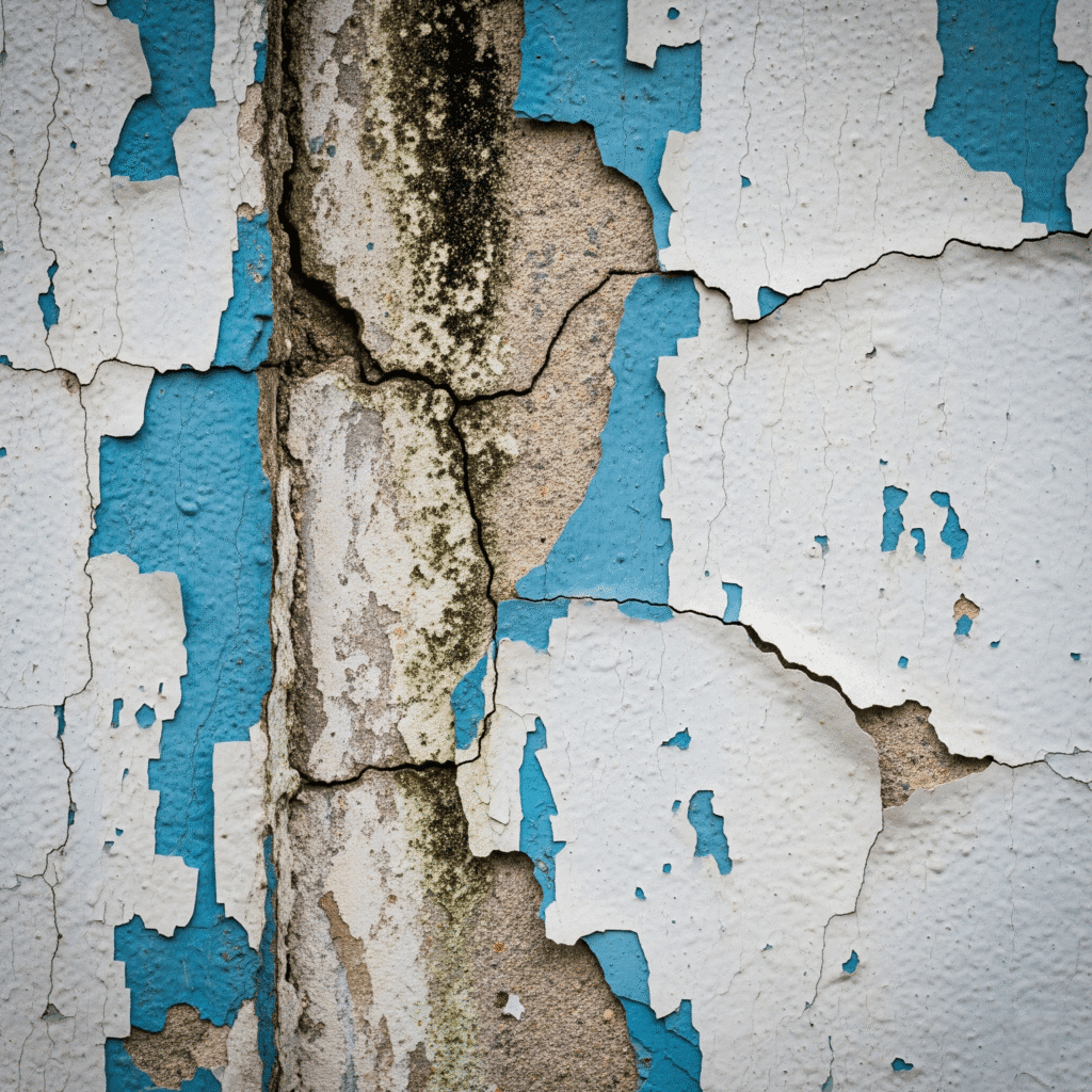 Close-up de uma parede de prédio com pintura azul e branca descascando, revelando rachaduras e mofo, sinais claros da necessidade de manutenção predial.
