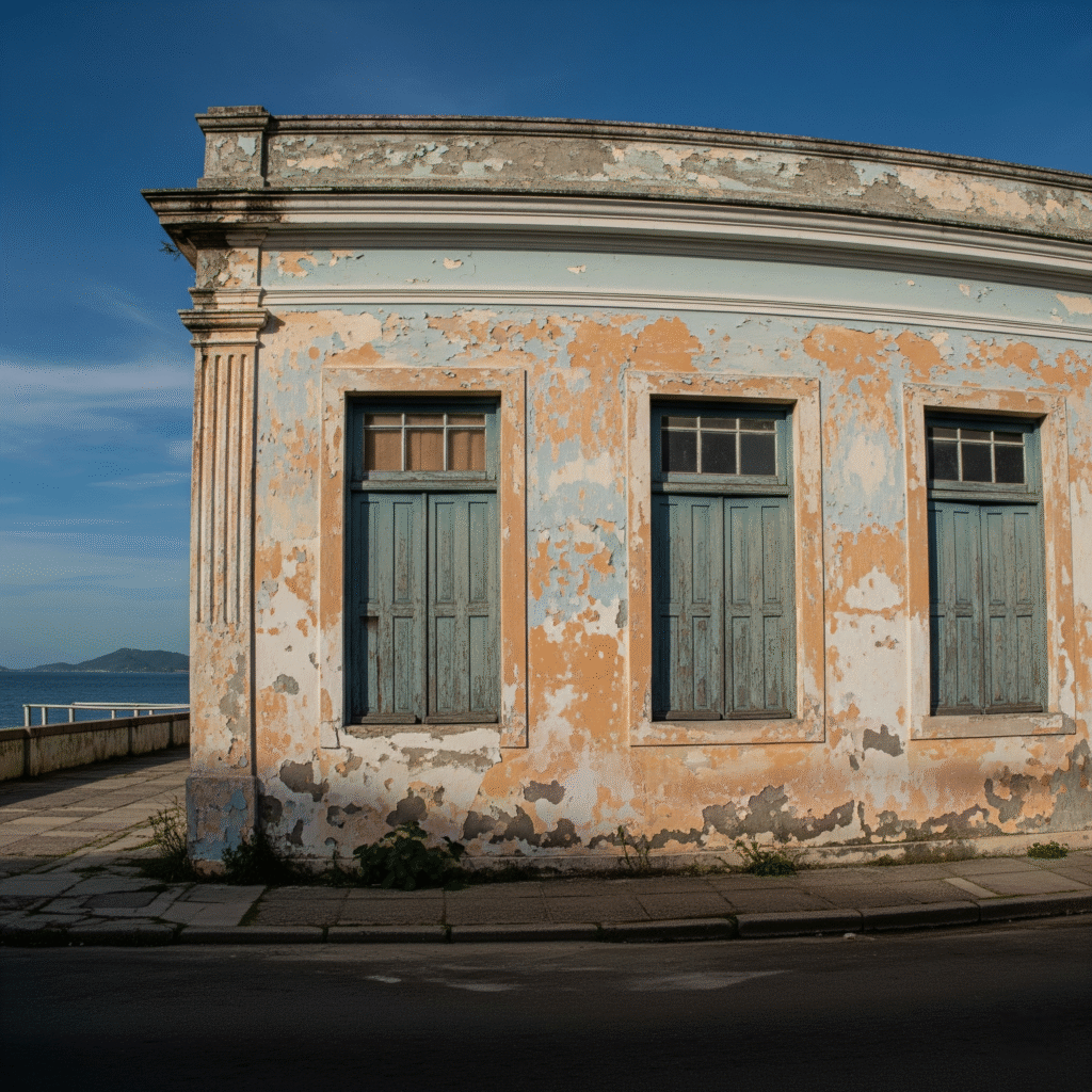 Fachada de prédio antigo em Florianópolis com pintura desgastada e descascando devido à ação da maresia.