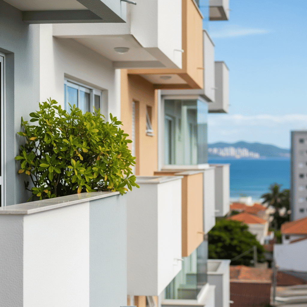 Fachada de prédio em Florianópolis com pintura emborrachada nova, protegendo contra a maresia com o mar ao fundo.